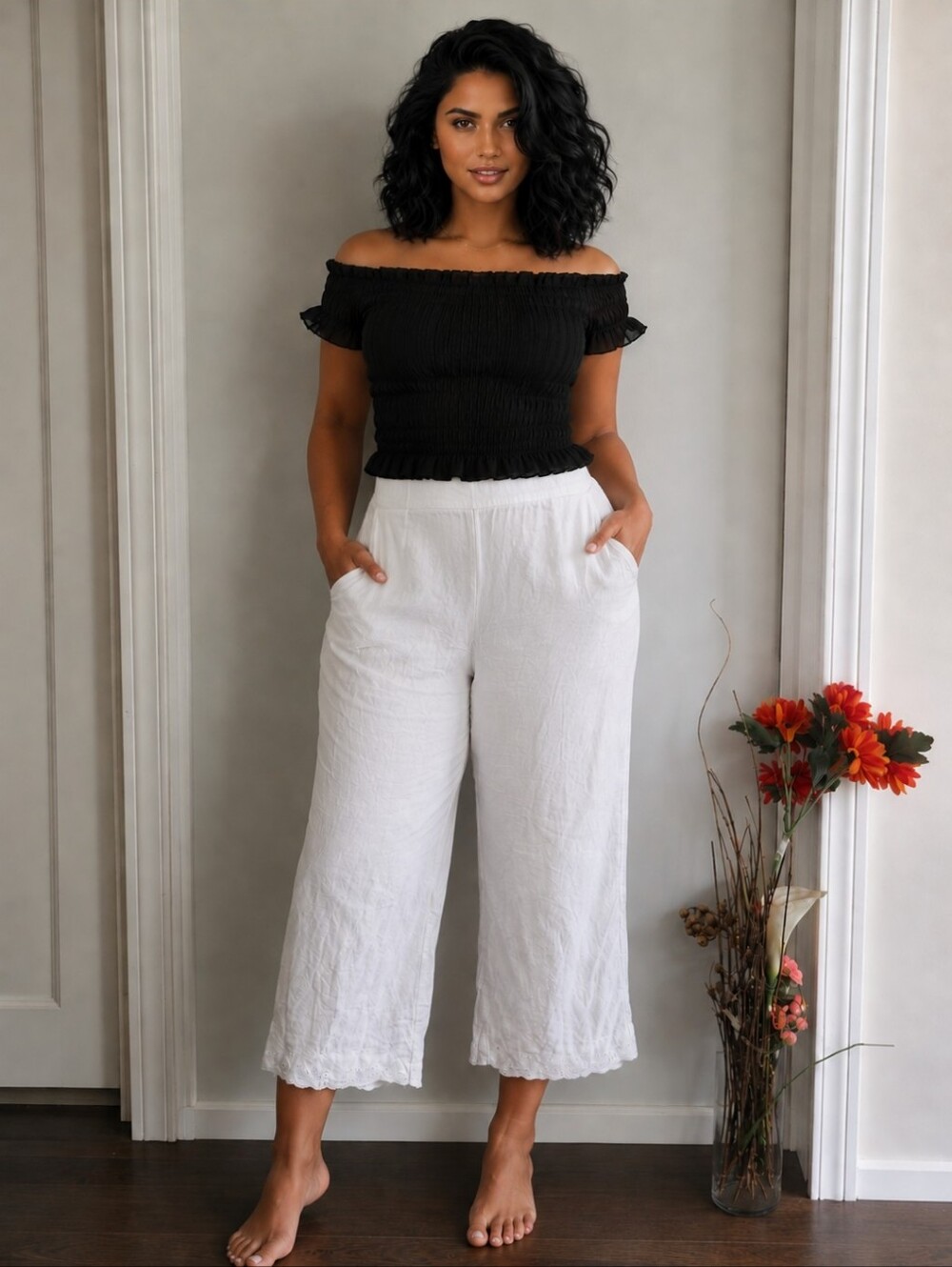 Laura | Plus Cropped Wide-Leg Linen Blend White Embroidered Hem Pants